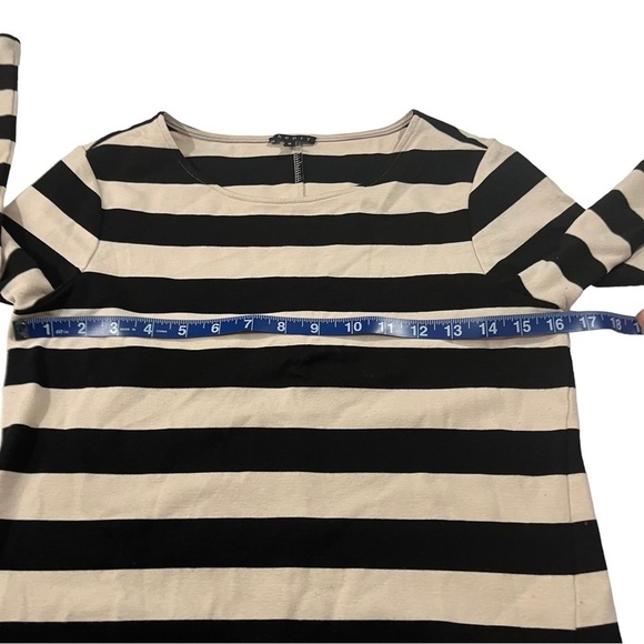 Theory Women Cream & Black Striped Long Sleeve Round Neck Mini Shift Dress Sz M - Picture 6 of 15
